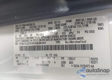 2015 Ford Transit-350 Xlt z USA, uszkodzony, nr VIN 1FBZX2ZM3FKB26343